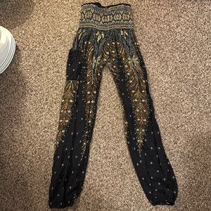 UNISEX PEACOCK FEATHERS DROP CROTCH JUMPSUIT HAREM PANTS IN BLACK